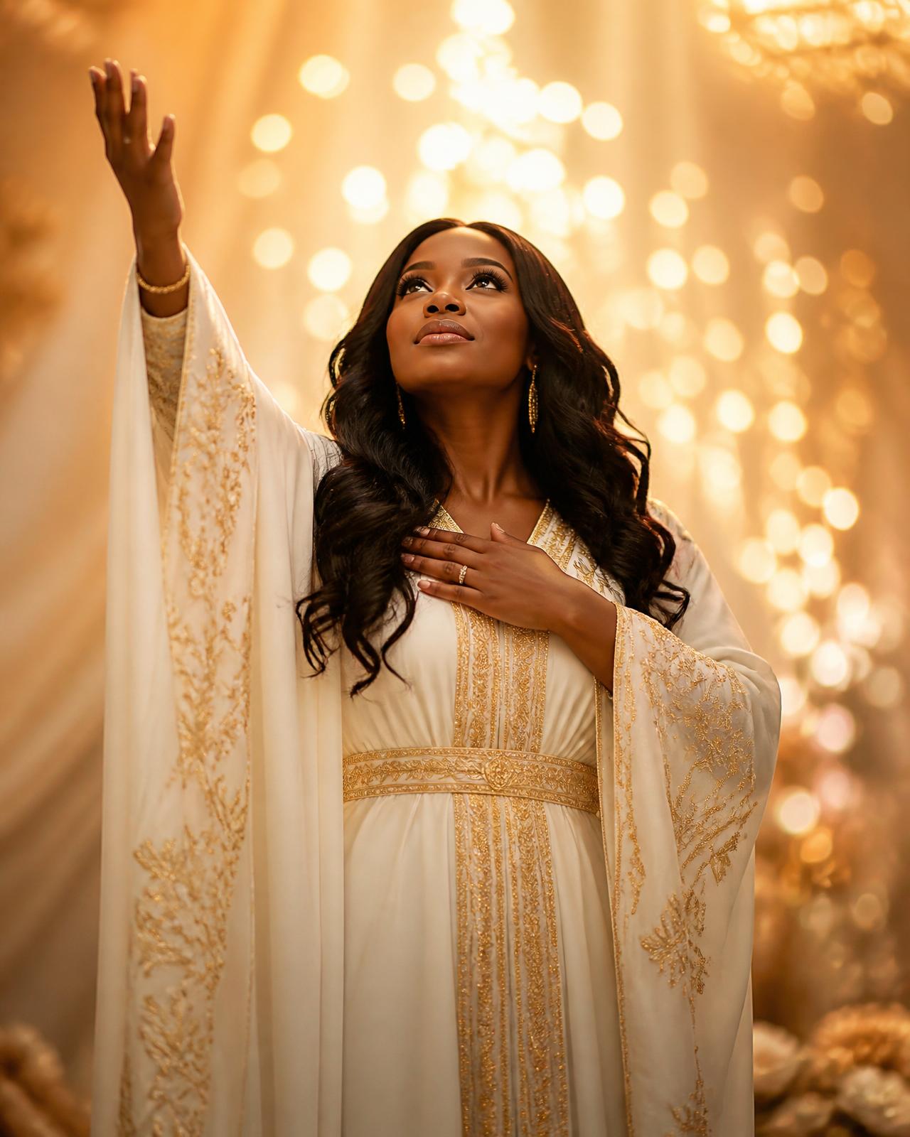 Leonise worshipping with hands raised
